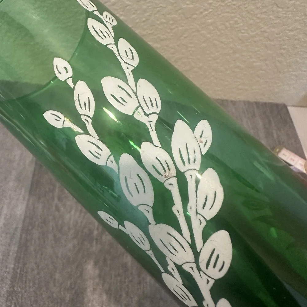 Anchor Hocking Tumbler Forest Green White Plant Buds Retro